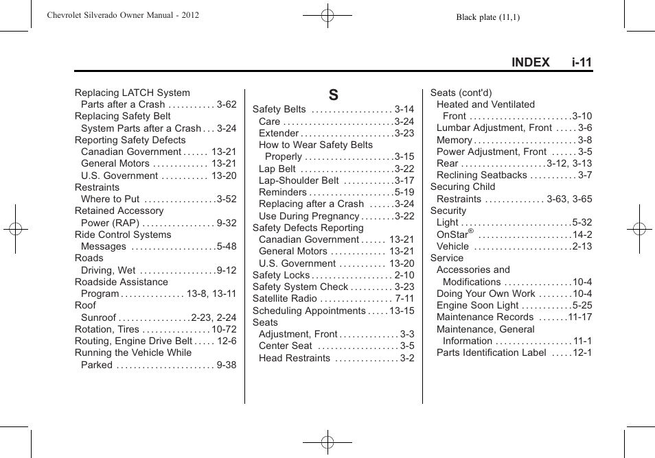 Index_s, Index i-11 | CHEVROLET 2012 Silverado User Manual | Page 605 / 608