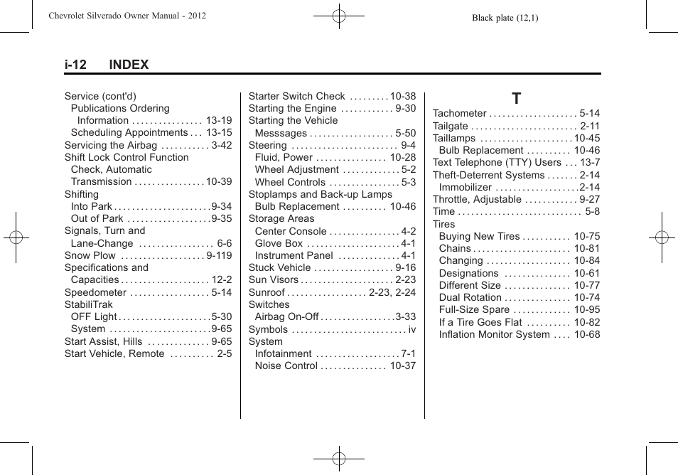 Index_t, I-12 index | CHEVROLET 2012 Silverado User Manual | Page 606 / 608