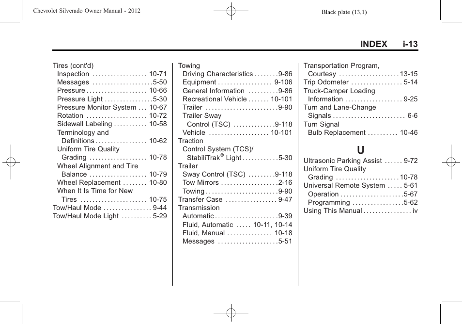 Index_u, Index i-13 | CHEVROLET 2012 Silverado User Manual | Page 607 / 608