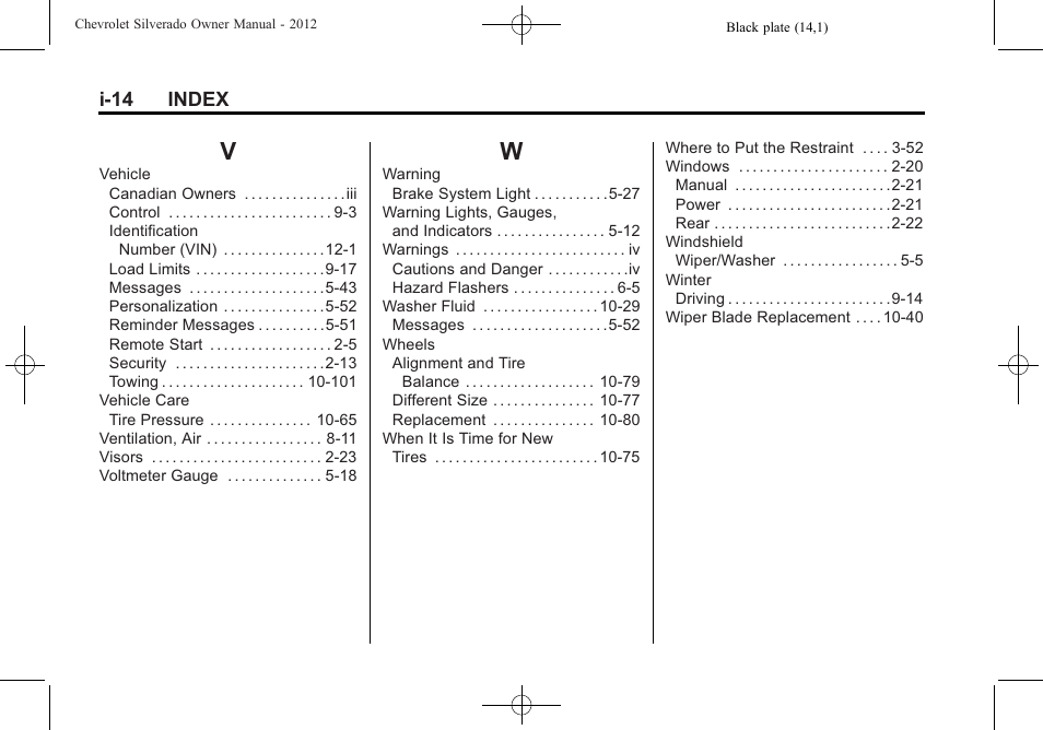 Index_v, Index_w | CHEVROLET 2012 Silverado User Manual | Page 608 / 608