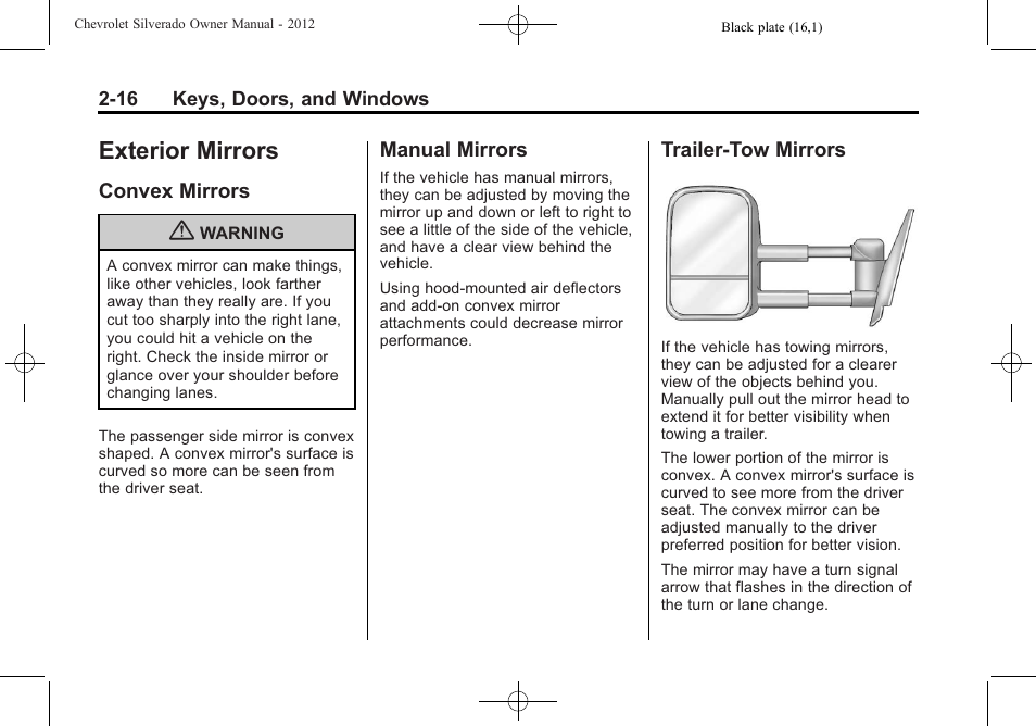 Exterior mirrors, Convex mirrors, Manual mirrors | Trailer-tow mirrors, Exterior mirrors -16 | CHEVROLET 2012 Silverado User Manual | Page 62 / 608