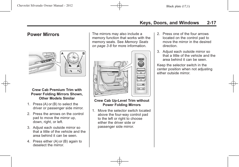 Power mirrors, Power mirrors -17, Keys, doors, and windows 2-17 | CHEVROLET 2012 Silverado User Manual | Page 63 / 608