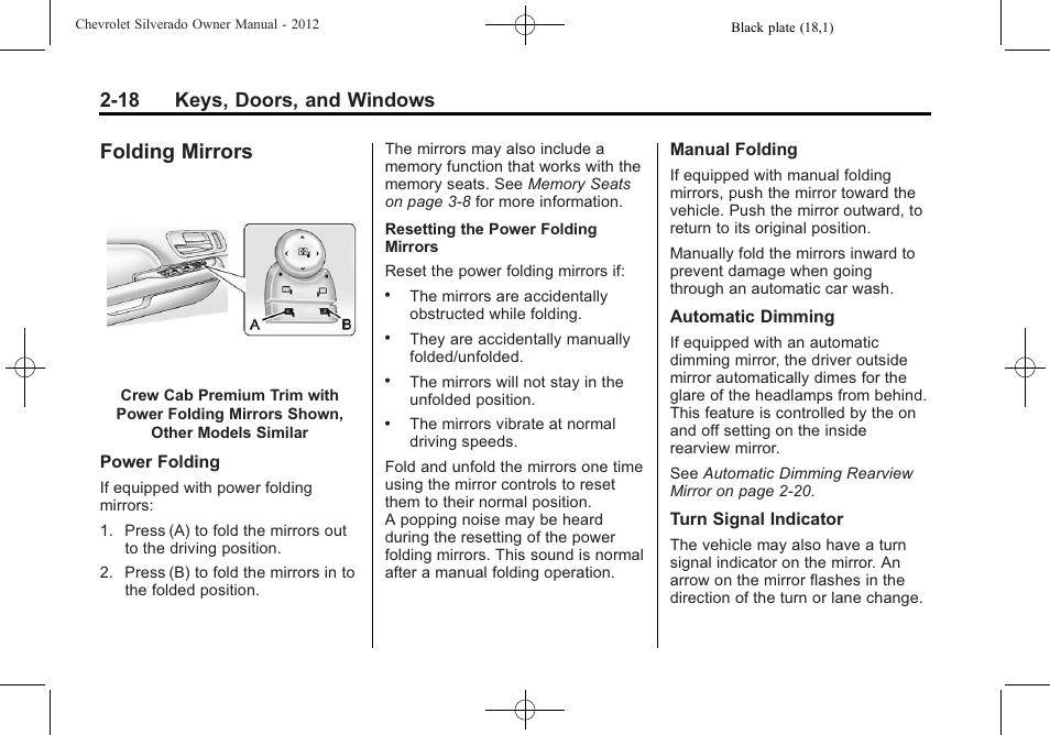 Folding mirrors, Folding mirrors -18, 18 keys, doors, and windows | CHEVROLET 2012 Silverado User Manual | Page 64 / 608