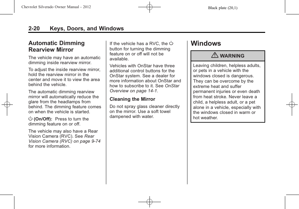 Automatic dimming rearview mirror, Windows, Windows -20 | Automatic dimming rearview, Mirror -20 | CHEVROLET 2012 Silverado User Manual | Page 66 / 608