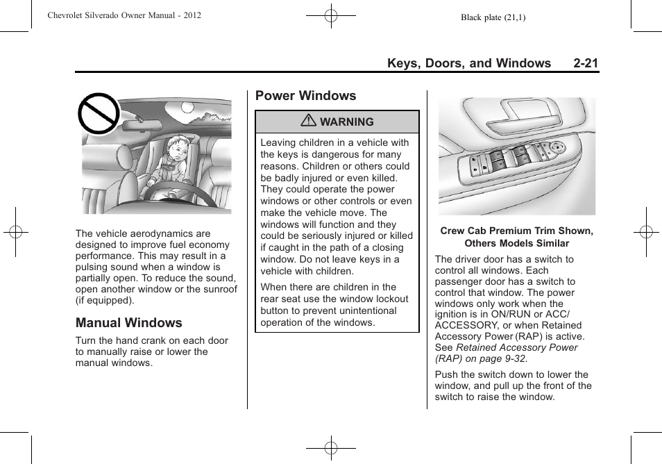 Manual windows, Power windows, Manual windows -21 power windows -21 | CHEVROLET 2012 Silverado User Manual | Page 67 / 608