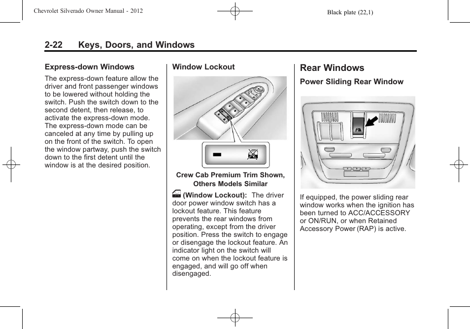 Rear windows, Rear windows -22 | CHEVROLET 2012 Silverado User Manual | Page 68 / 608