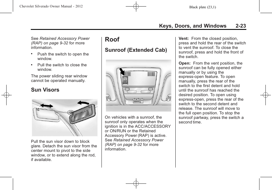 Sun visors, Roof, Sunroof (extended cab) | Roof -23, Sun visors -23, Sunroof (extended cab) -23 | CHEVROLET 2012 Silverado User Manual | Page 69 / 608