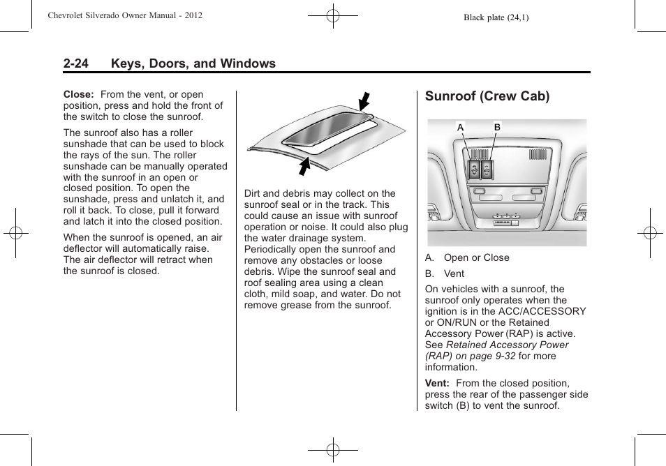 Sunroof (crew cab), Sunroof (crew cab) -24 | CHEVROLET 2012 Silverado User Manual | Page 70 / 608