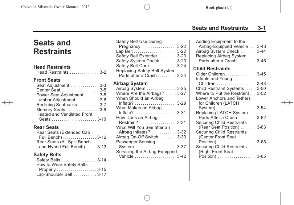 Seats and restraints, Seats and restraints -1, Seats and restraints 3-1 | CHEVROLET 2012 Silverado User Manual | Page 73 / 608