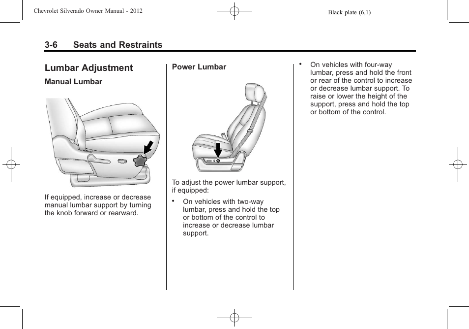 Lumbar adjustment, Lumbar adjustment -6, When | 6 seats and restraints | CHEVROLET 2012 Silverado User Manual | Page 78 / 608