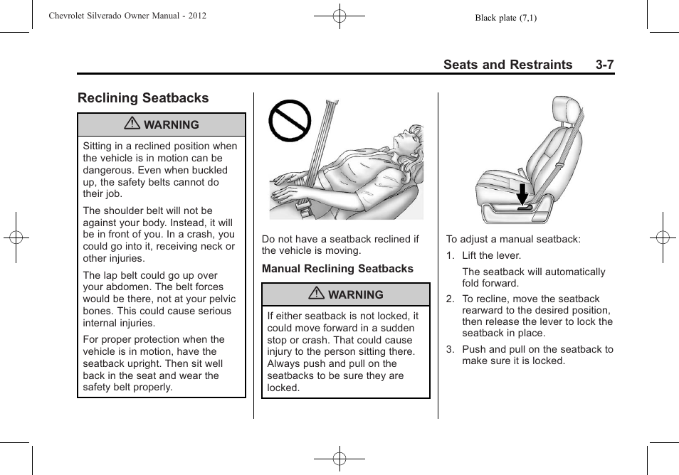 Reclining seatbacks, Reclining seatbacks -7 | CHEVROLET 2012 Silverado User Manual | Page 79 / 608