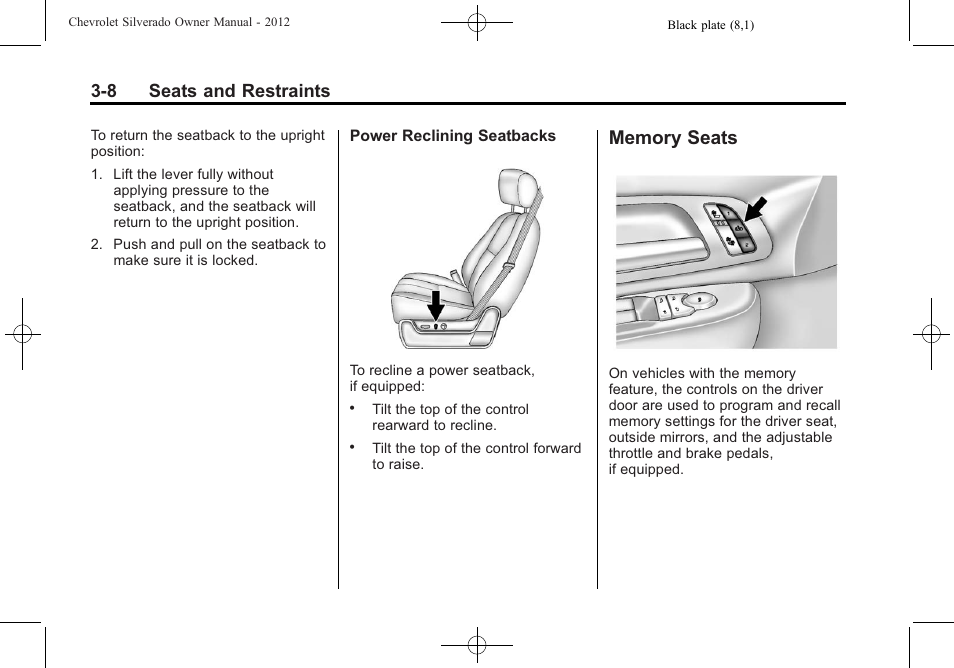 Memory seats, Memory seats -8, 8 seats and restraints | CHEVROLET 2012 Silverado User Manual | Page 80 / 608