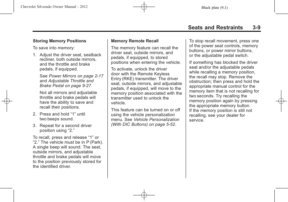 Seats and restraints 3-9 | CHEVROLET 2012 Silverado User Manual | Page 81 / 608