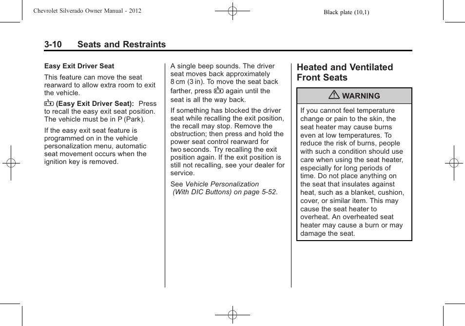 Heated and ventilated front seats, Heated and ventilated front, Seats -10 | CHEVROLET 2012 Silverado User Manual | Page 82 / 608