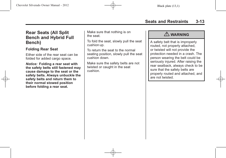 Rear seats (all split bench and hybrid full bench), Rear seats (all split bench, And hybrid full bench) -13 | CHEVROLET 2012 Silverado User Manual | Page 85 / 608