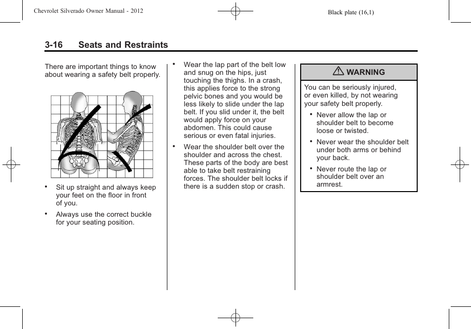 16 seats and restraints | CHEVROLET 2012 Silverado User Manual | Page 88 / 608