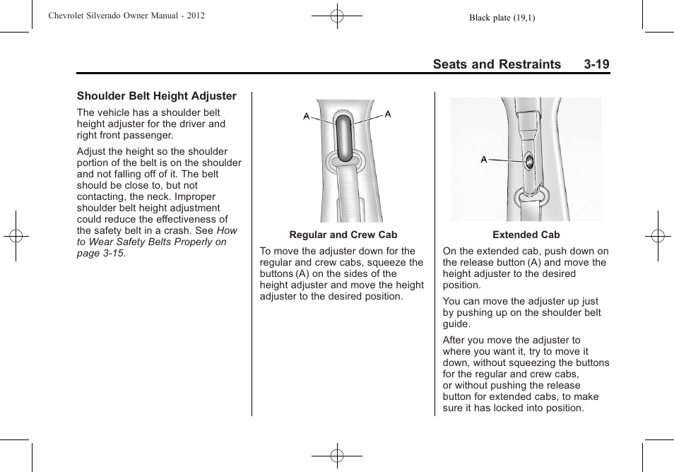 Seats and restraints 3-19 | CHEVROLET 2012 Silverado User Manual | Page 91 / 608