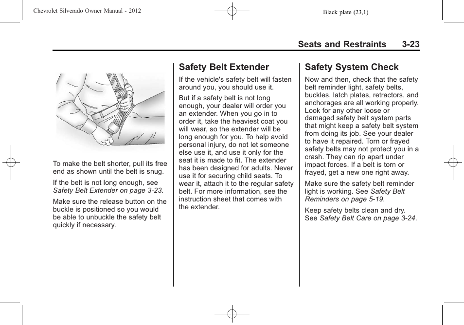 Safety belt extender, Safety system check, Safety belt extender -23 safety system check -23 | CHEVROLET 2012 Silverado User Manual | Page 95 / 608