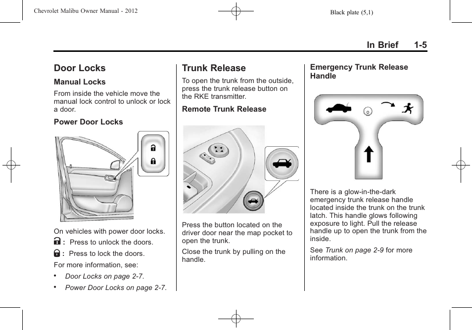 Door locks, Trunk release, Door locks -5 trunk release -5 | Portable | CHEVROLET 2012 Malibu User Manual | Page 11 / 376