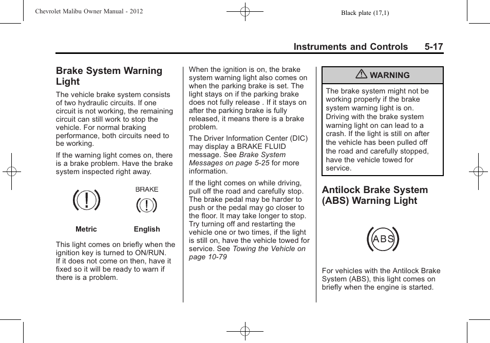 Brake system warning light, Antilock brake system (abs) warning light, Brake system warning | Light -17, Antilock brake system (abs), Warning light -17 | CHEVROLET 2012 Malibu User Manual | Page 117 / 376