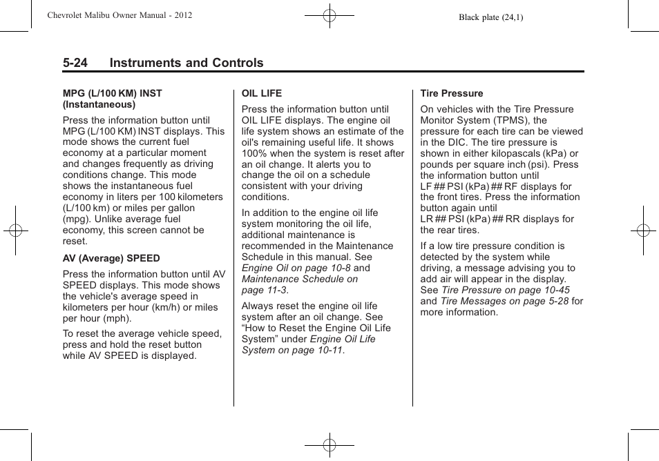 24 instruments and controls | CHEVROLET 2012 Malibu User Manual | Page 124 / 376