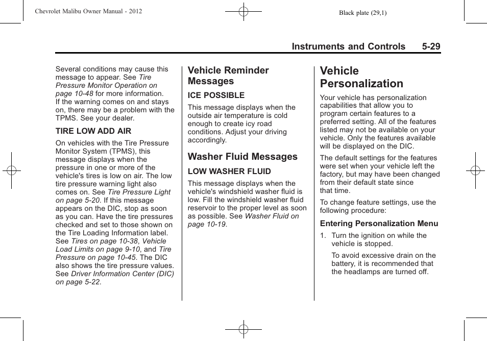 Vehicle reminder messages, Washer fluid messages, Vehicle personalization | Personalization -29, Ride control, Vehicle reminder, Messages -29, Washer fluid messages -29, Vehicle personalization -29 | CHEVROLET 2012 Malibu User Manual | Page 129 / 376