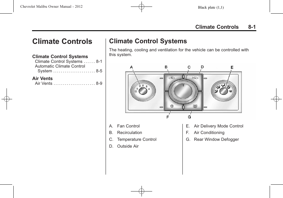 Climate controls, Climate control systems, Climate controls -1 | Control systems -1 | CHEVROLET 2012 Malibu User Manual | Page 173 / 376