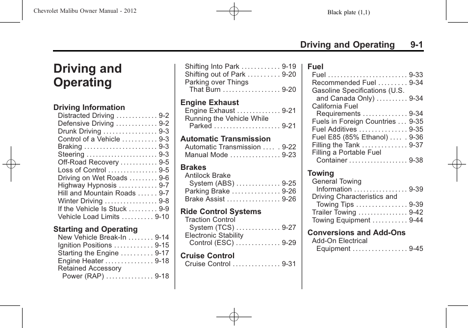 Driving and operating, Driving and operating -1 | CHEVROLET 2012 Malibu User Manual | Page 183 / 376