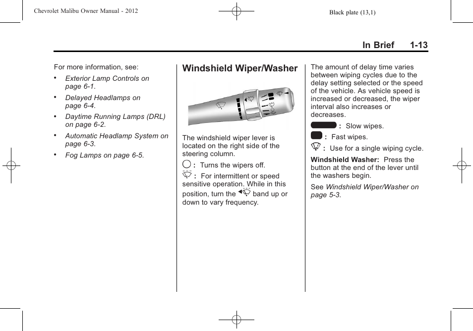 Windshield wiper/washer, Windshield wiper/washer -13 | CHEVROLET 2012 Malibu User Manual | Page 19 / 376