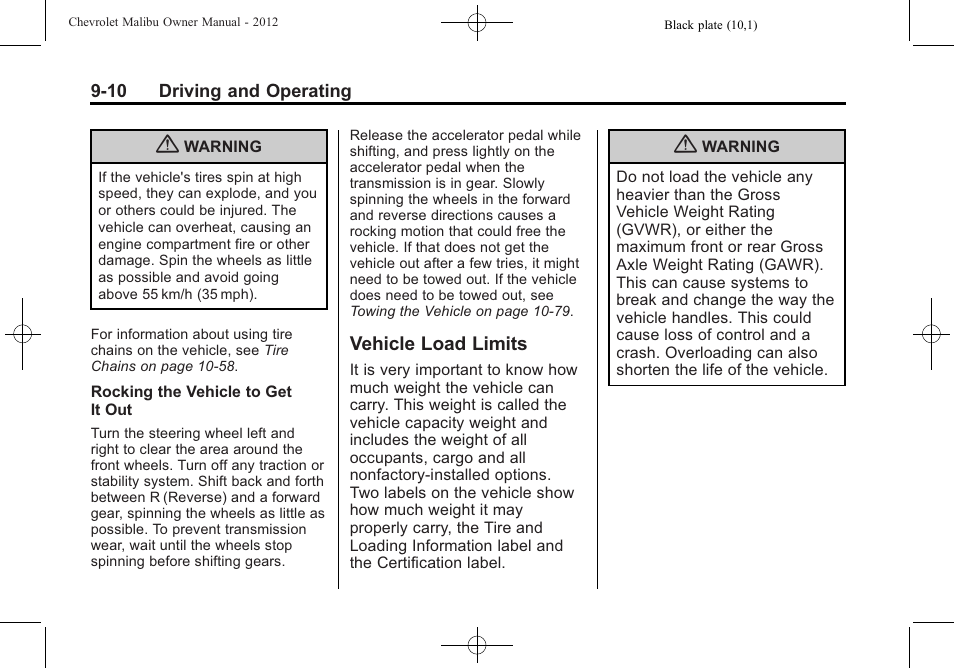 Vehicle load limits, Vehicle load limits -10, Traction | CHEVROLET 2012 Malibu User Manual | Page 192 / 376