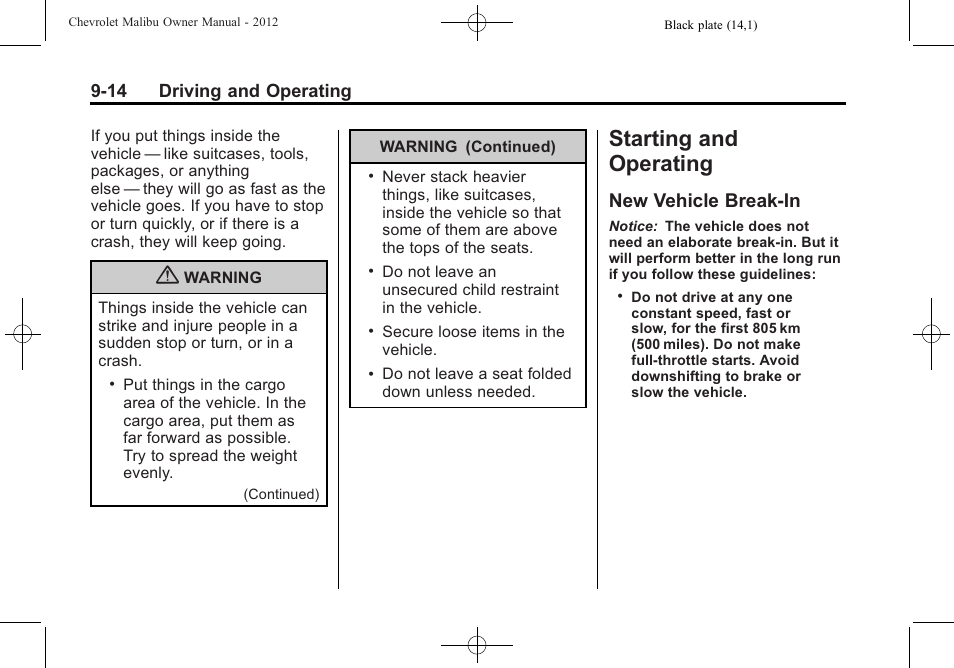 Starting and operating, New vehicle break-in, Starting and operating -14 | New vehicle break-in -14, 14 driving and operating | CHEVROLET 2012 Malibu User Manual | Page 196 / 376