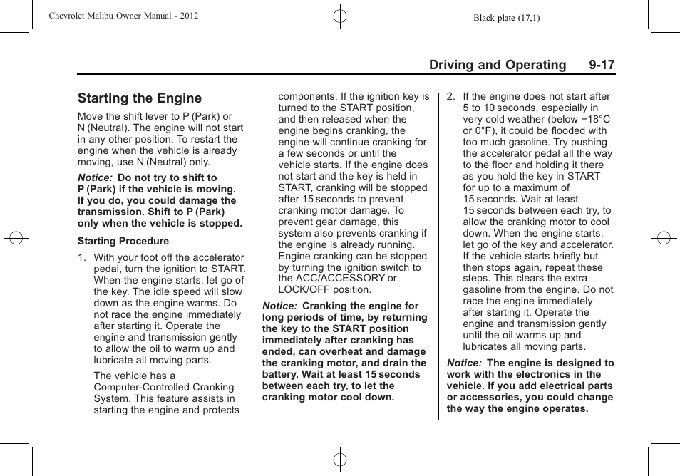 Starting the engine, Starting the engine -17 | CHEVROLET 2012 Malibu User Manual | Page 199 / 376