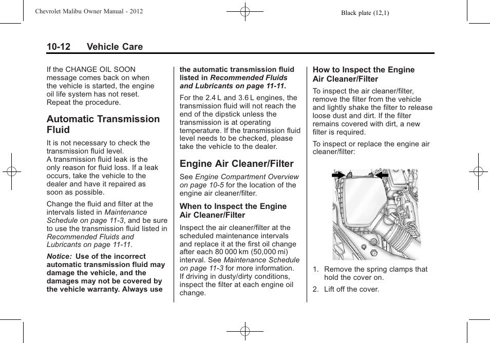 Automatic transmission fluid, Engine air cleaner/filter, Automatic transmission | Fluid -12, Engine air cleaner/filter -12, Engine air cleaner/filter on | CHEVROLET 2012 Malibu User Manual | Page 240 / 376