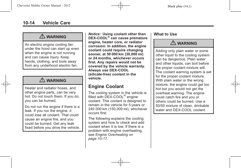 Engine coolant, Engine coolant -14, Stoplamps | CHEVROLET 2012 Malibu User Manual | Page 242 / 376