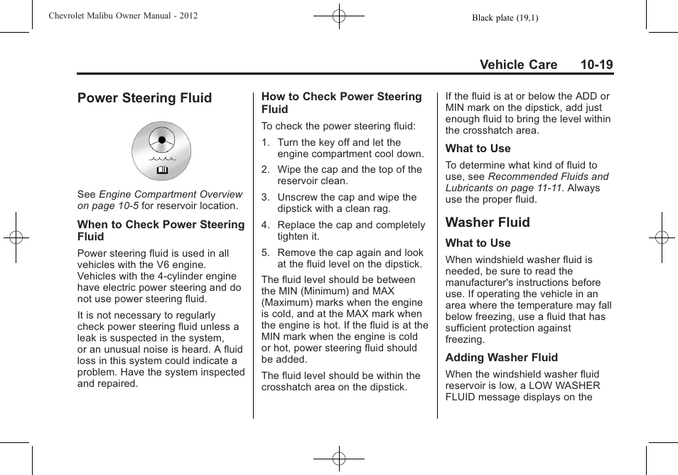 Power steering fluid, Washer fluid, Power steering fluid -19 washer fluid -19 | Electrical | CHEVROLET 2012 Malibu User Manual | Page 247 / 376