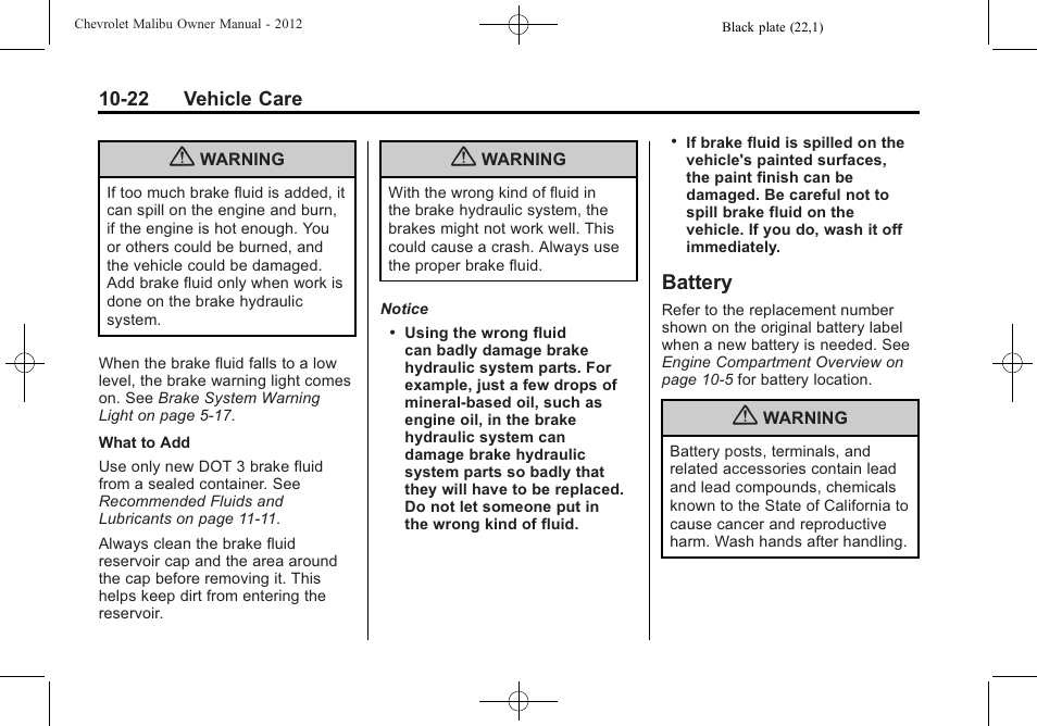 Battery, Battery -22 | CHEVROLET 2012 Malibu User Manual | Page 250 / 376