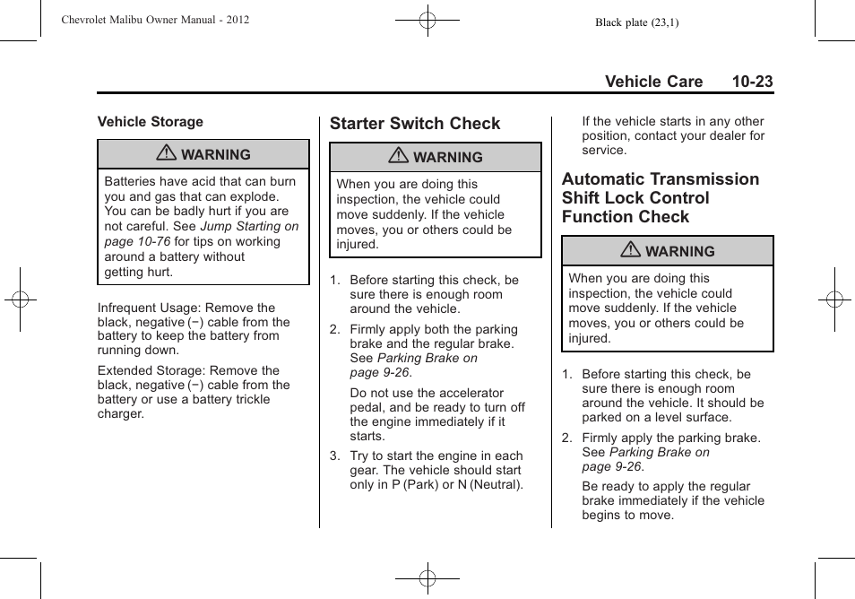 Starter switch check, Lock control function check -23 | CHEVROLET 2012 Malibu User Manual | Page 251 / 376