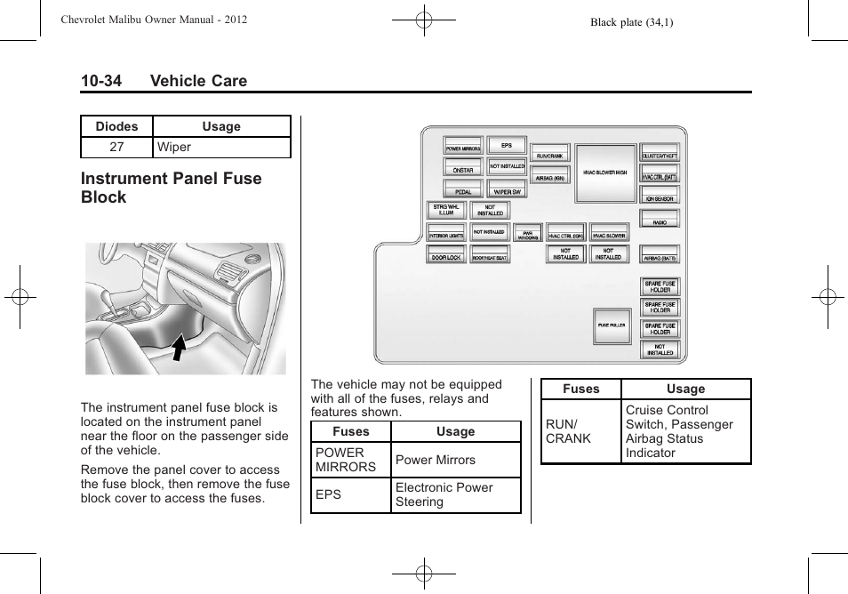 Instrument panel fuse block, Instrument panel fuse, Block -34 | 34 vehicle care | CHEVROLET 2012 Malibu User Manual | Page 262 / 376