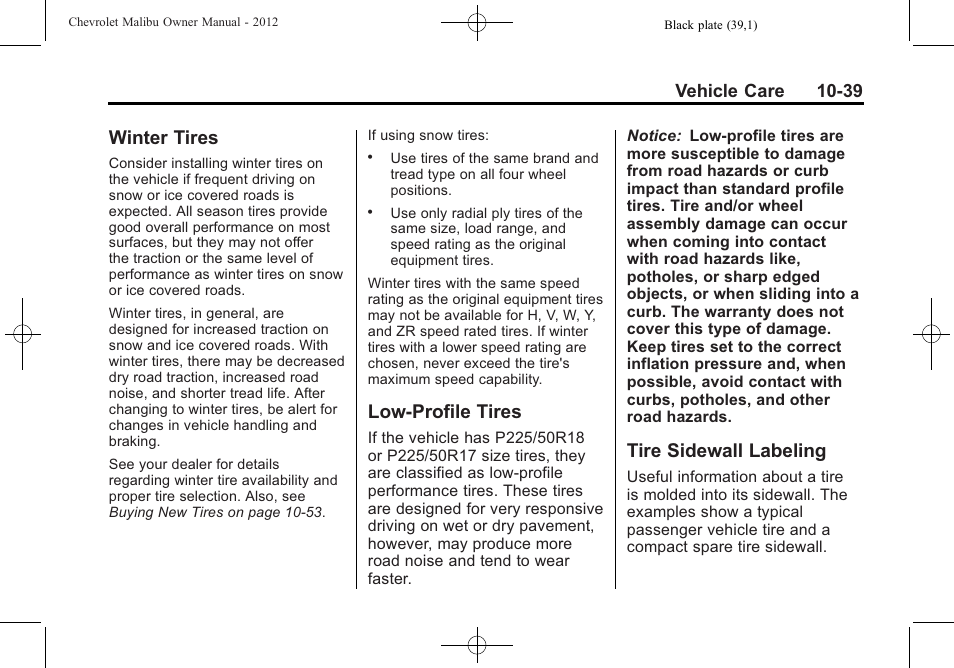 Winter tires, Low-profile tires, Tire sidewall labeling | CHEVROLET 2012 Malibu User Manual | Page 267 / 376