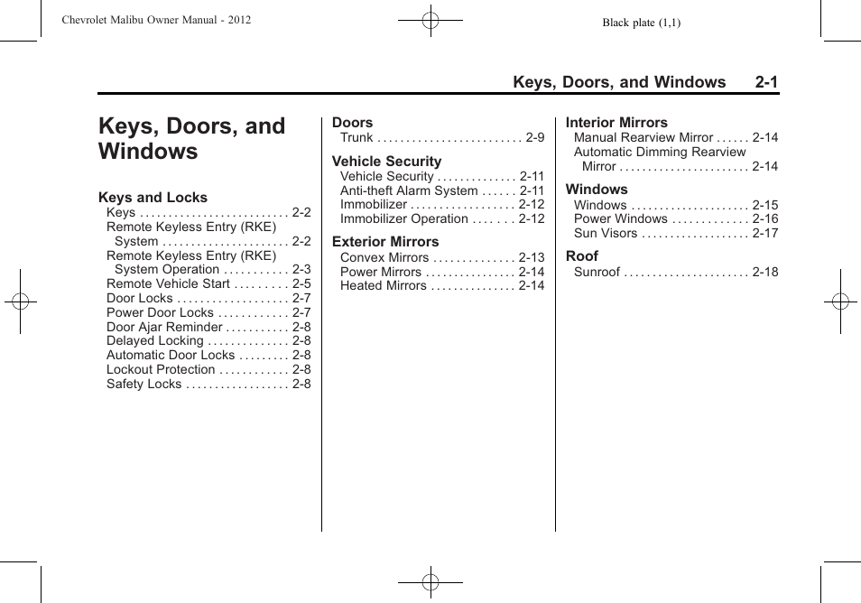 Keys, doors, and windows, Keys, doors, and, Windows -1 | CHEVROLET 2012 Malibu User Manual | Page 29 / 376