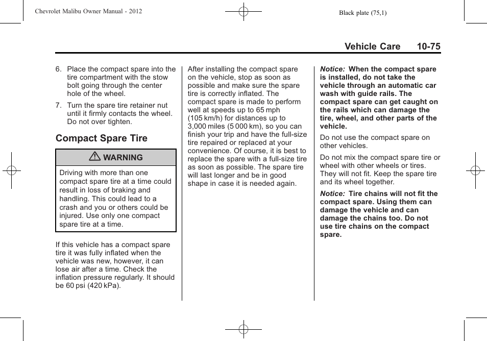 Compact spare tire, Compact spare tire -75 | CHEVROLET 2012 Malibu User Manual | Page 303 / 376