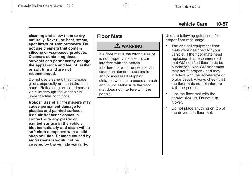 Floor mats, Floor mats -87, Vehicle care 10-87 | CHEVROLET 2012 Malibu User Manual | Page 315 / 376