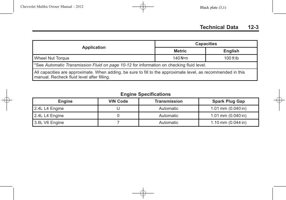 Technical data 12-3 | CHEVROLET 2012 Malibu User Manual | Page 335 / 376