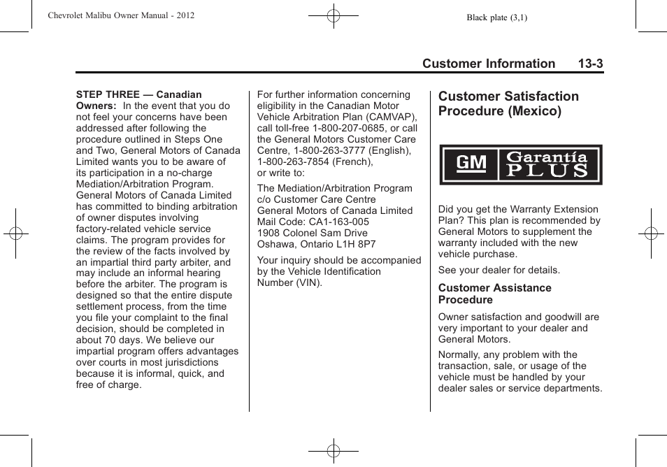 Customer satisfaction procedure (mexico), Customer satisfaction, Procedure (mexico) -3 | CHEVROLET 2012 Malibu User Manual | Page 339 / 376