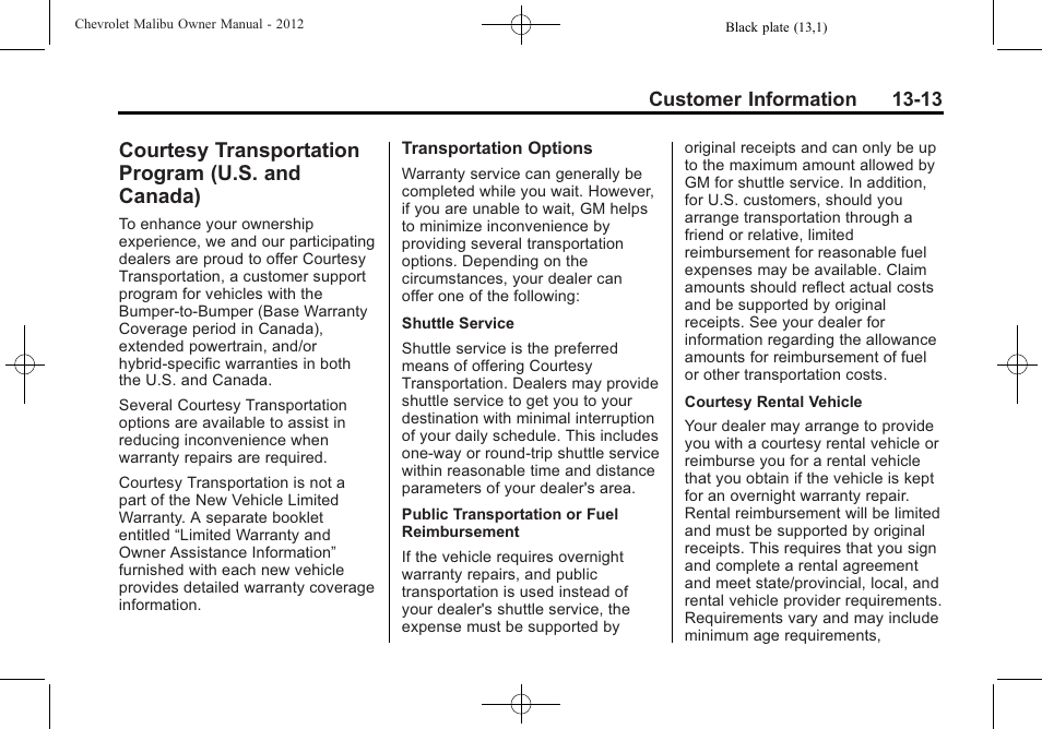 Courtesy transportation program (u.s. and canada), Courtesy transportation, Program (u.s. and canada) -13 | CHEVROLET 2012 Malibu User Manual | Page 349 / 376