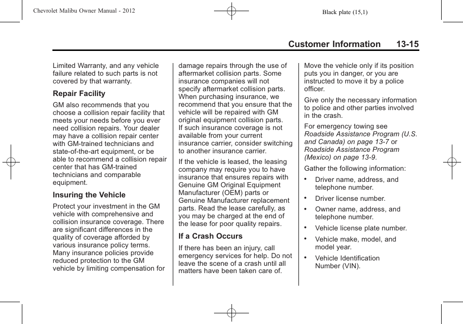 Customer information 13-15 | CHEVROLET 2012 Malibu User Manual | Page 351 / 376