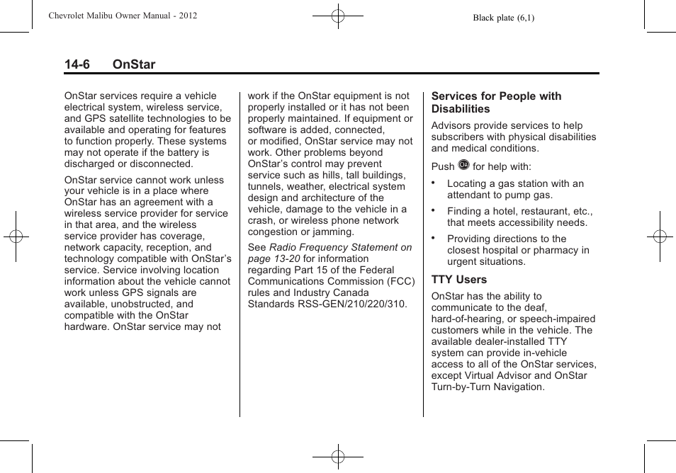 6 onstar | CHEVROLET 2012 Malibu User Manual | Page 362 / 376