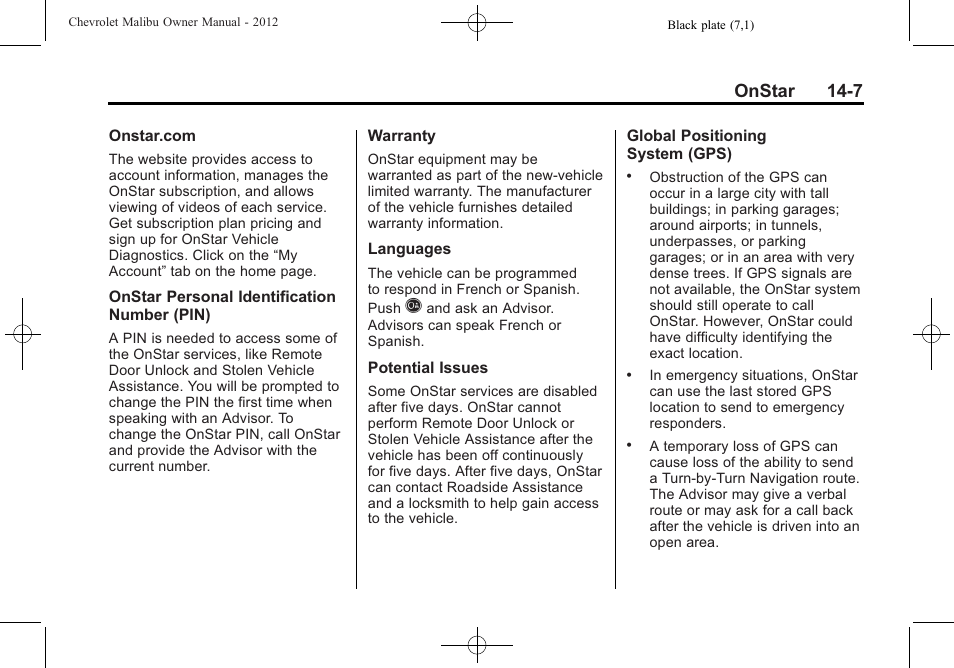 Onstar 14-7 | CHEVROLET 2012 Malibu User Manual | Page 363 / 376