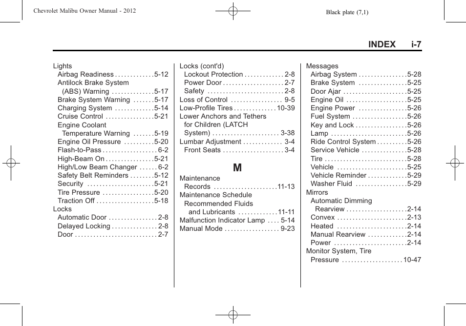 Index_m, Index i-7 | CHEVROLET 2012 Malibu User Manual | Page 371 / 376