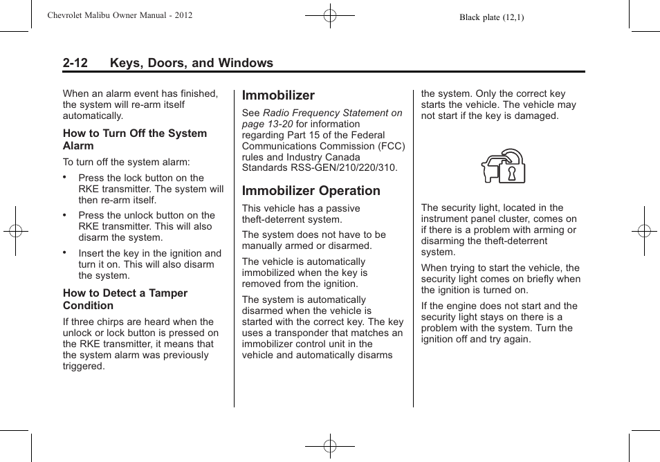 Immobilizer, Immobilizer operation, Immobilizer -12 immobilizer operation -12 | 12 keys, doors, and windows | CHEVROLET 2012 Malibu User Manual | Page 40 / 376